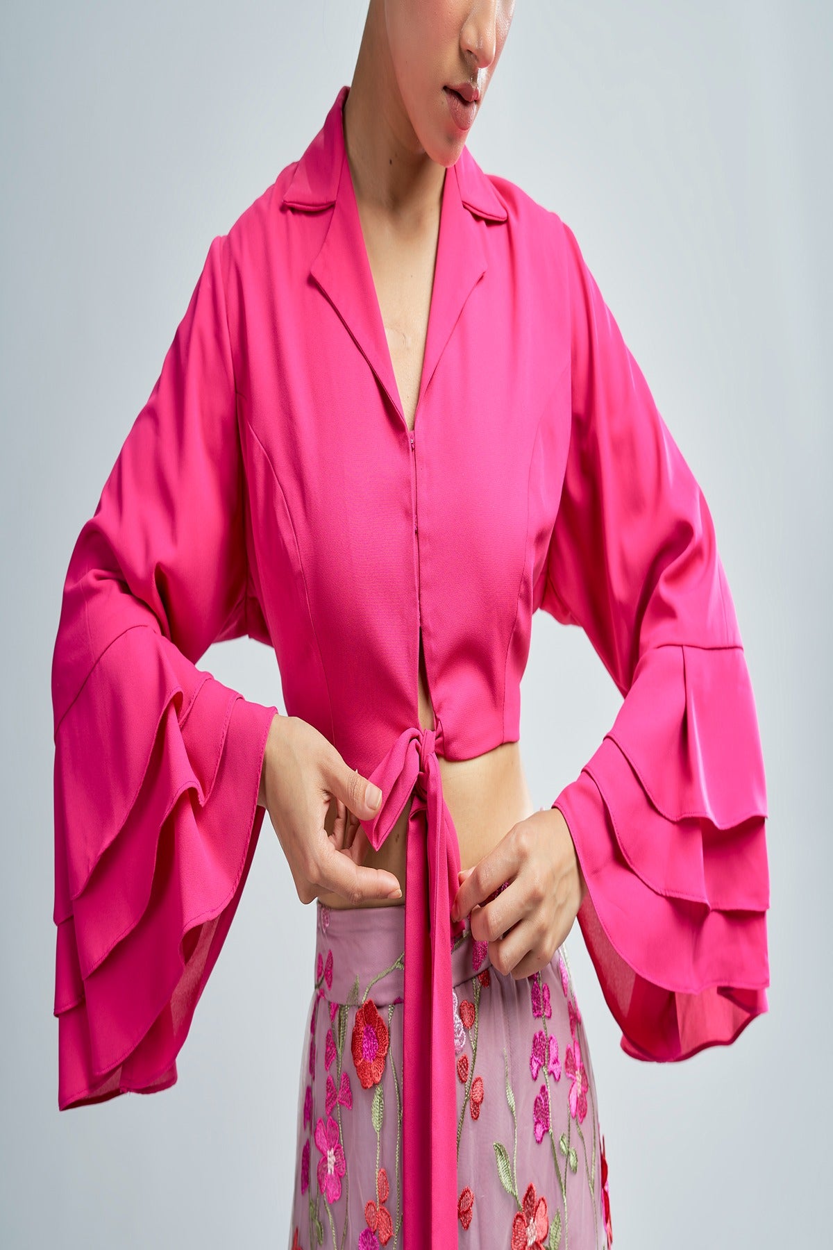 Pink Georgette Crop top with Bell Sleeves with 3d flower embroidered skirt on net