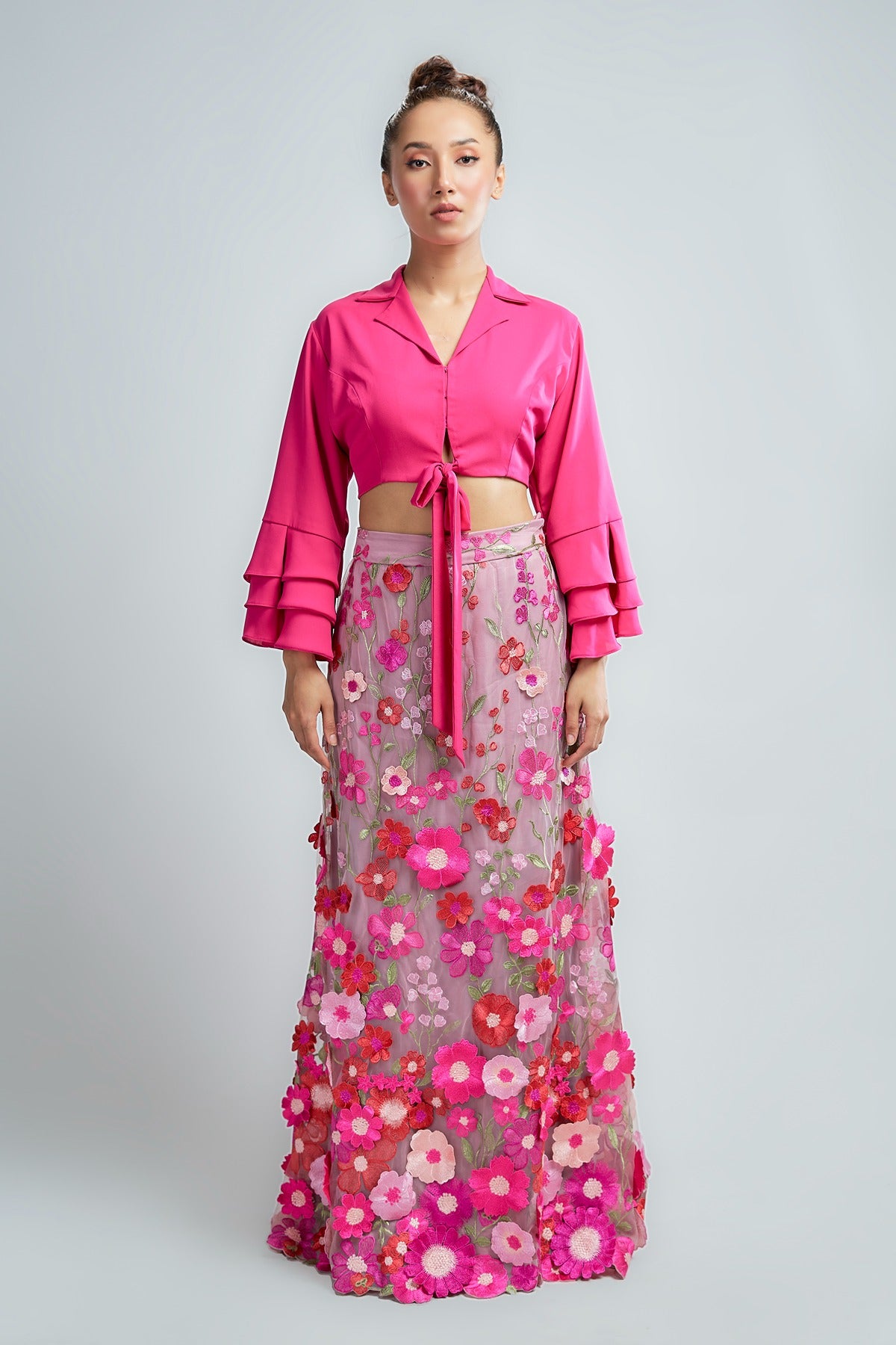 3D flower emroidered full skirt on net