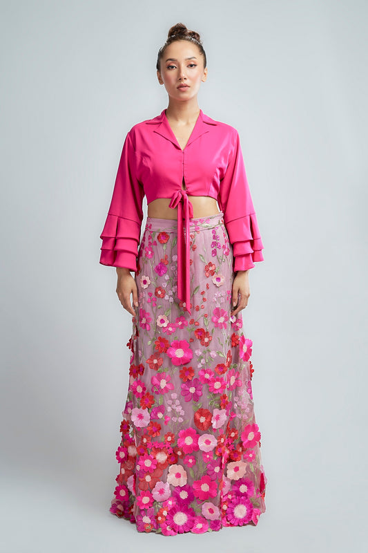 Pink Georgette Crop top with Bell Sleeves