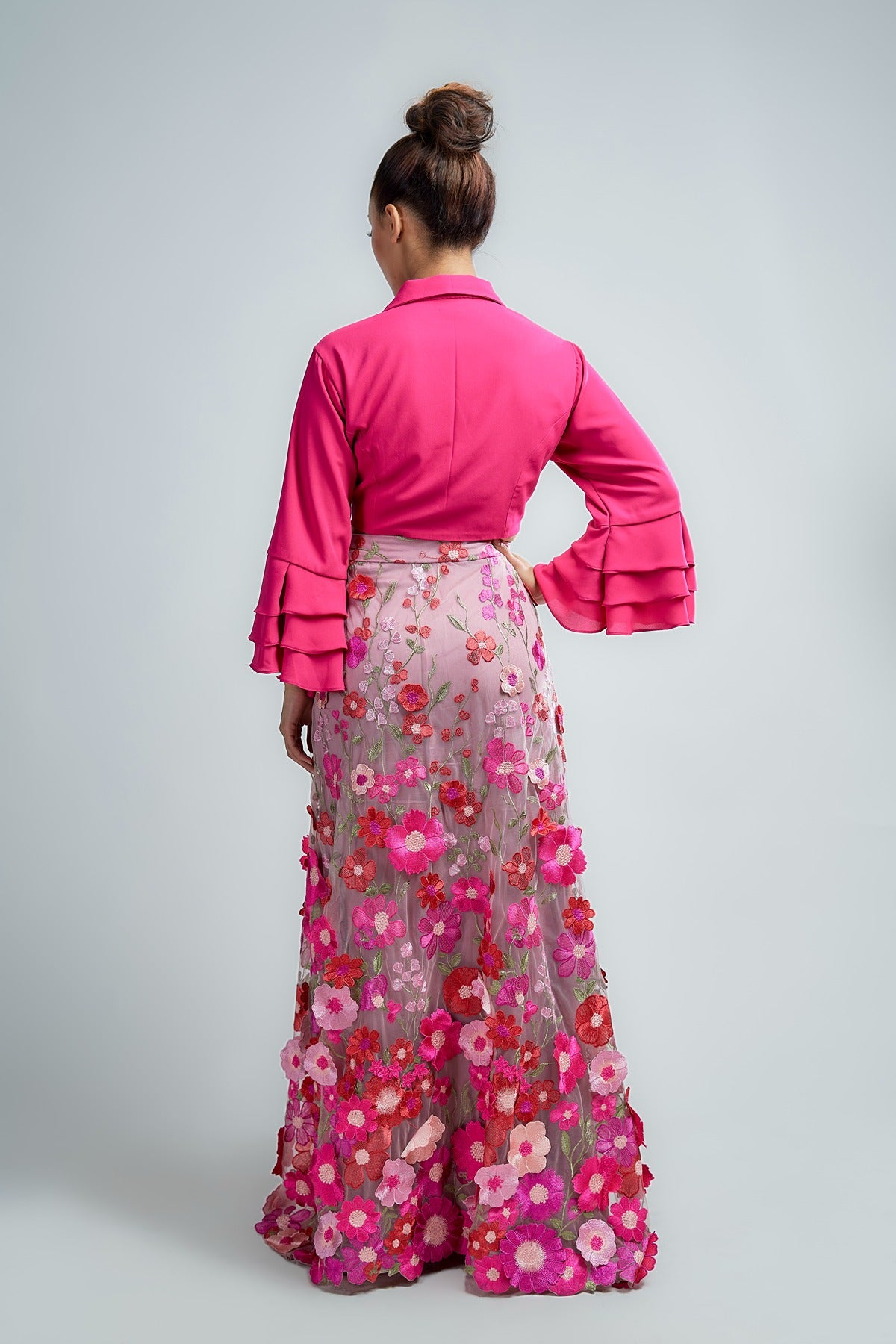 Pink Georgette Crop top with Bell Sleeves with 3d flower embroidered skirt on net