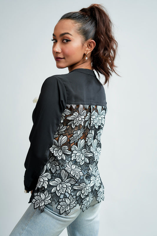 Black and White Floral detailing on black georgette