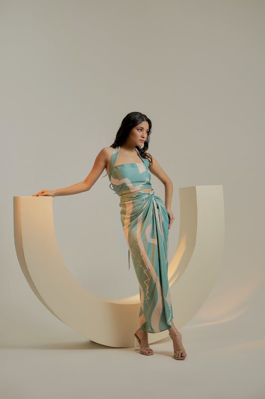 Blue and white print wrap skirt