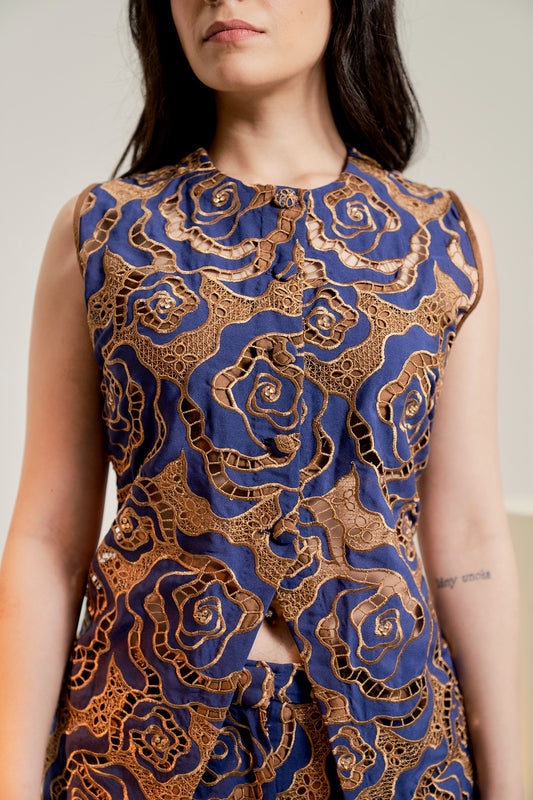 Navy embroidered button vest