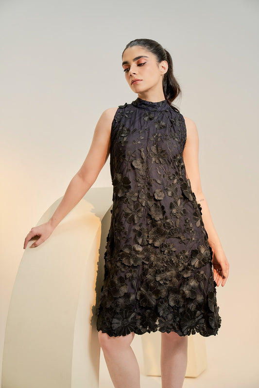 Black embroidered cocktail dress with tie detail