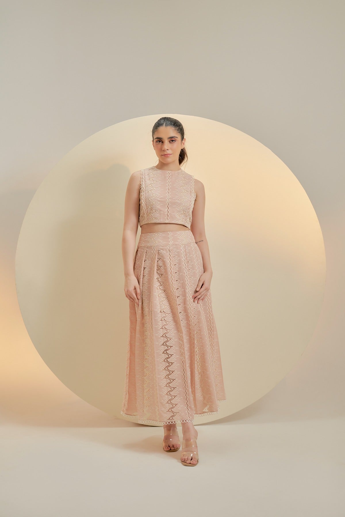 Light pink embroidered sleeveless crop top