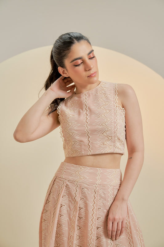 Light pink embroidered sleeveless crop top