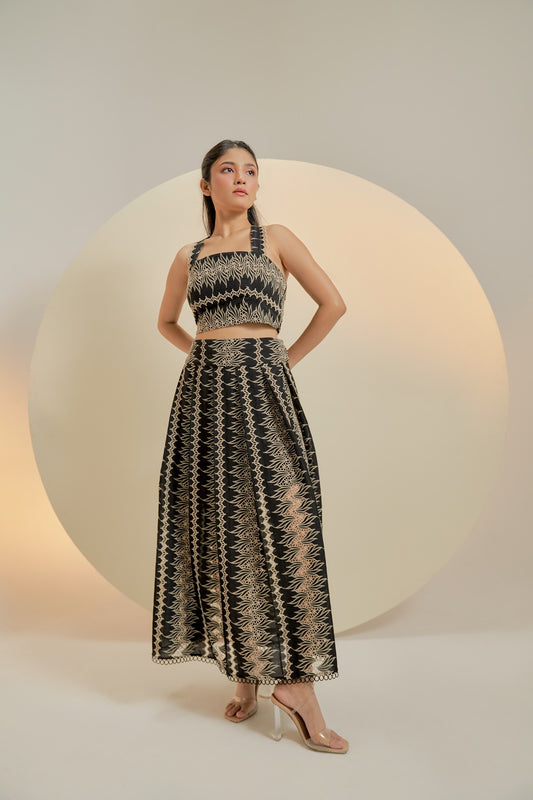 Black embroidered pleated skirt