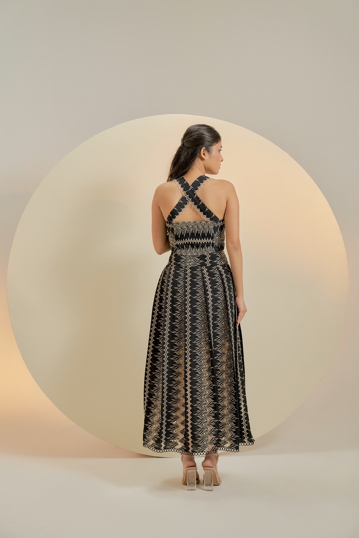 Black embroidered pleated skirt