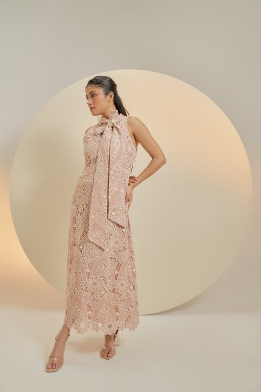 Pink midi straight dress with tie detail on neck