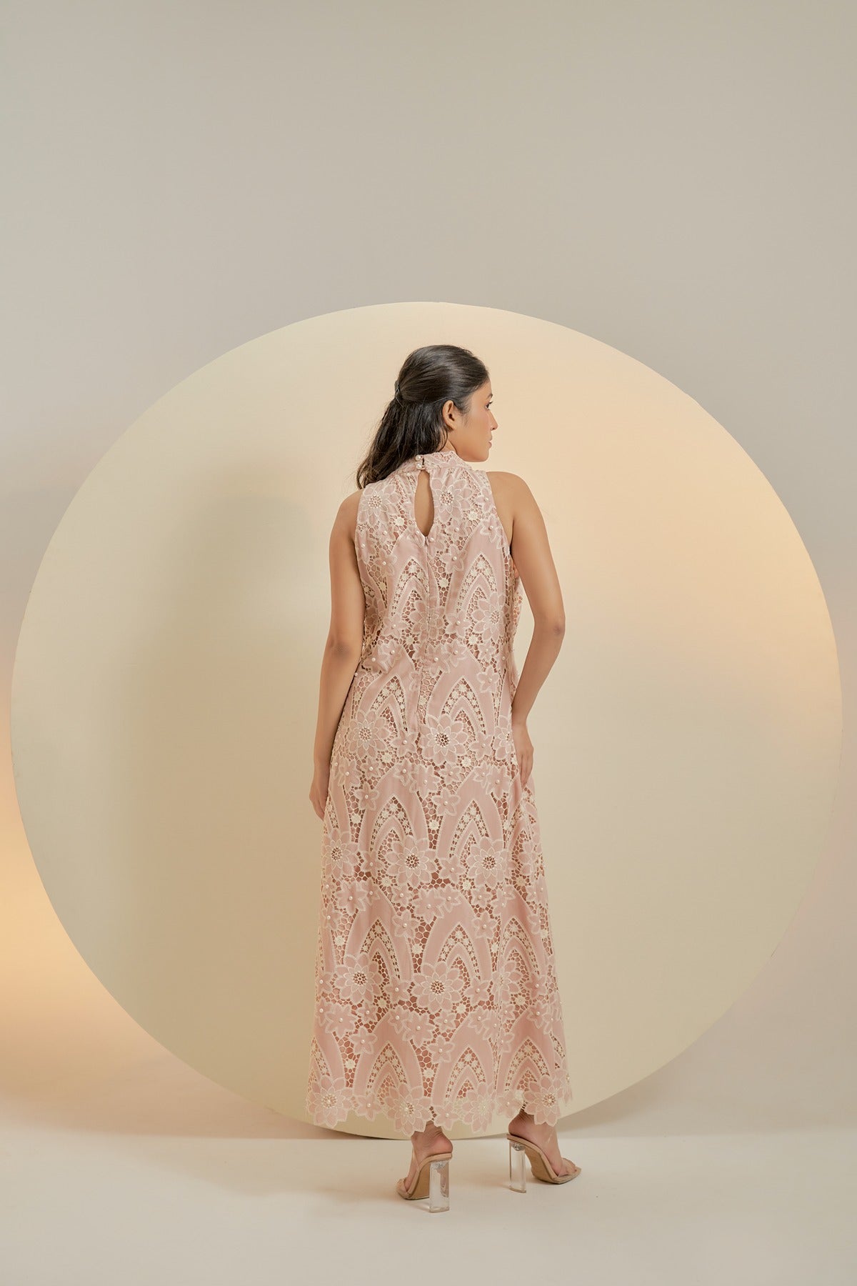 Pink midi straight dress with tie detail on neck