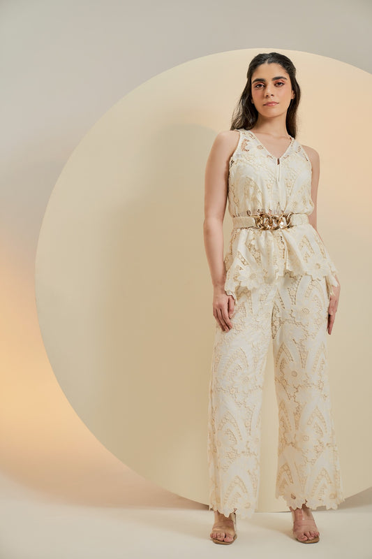 Off white embroidered top with belt