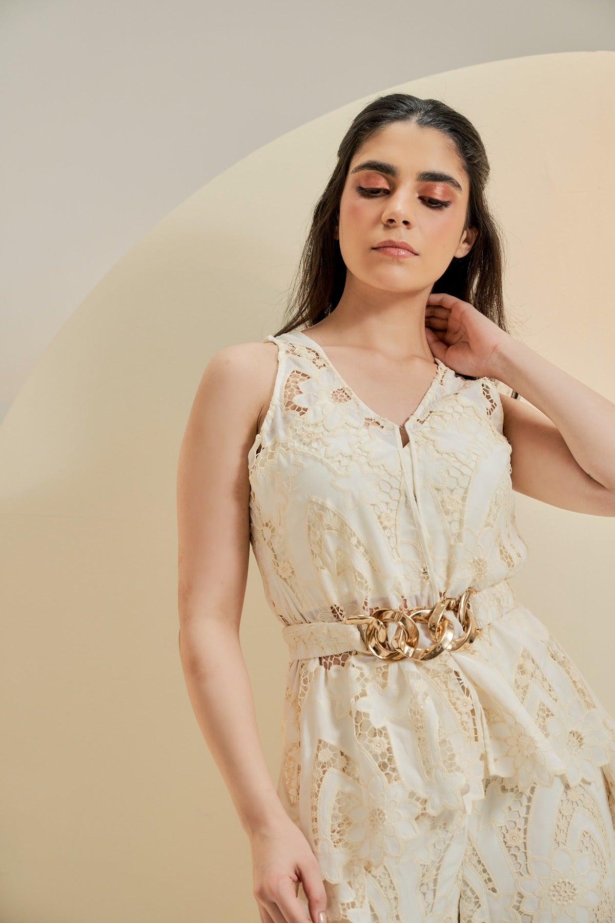 Off white embroidered top with belt