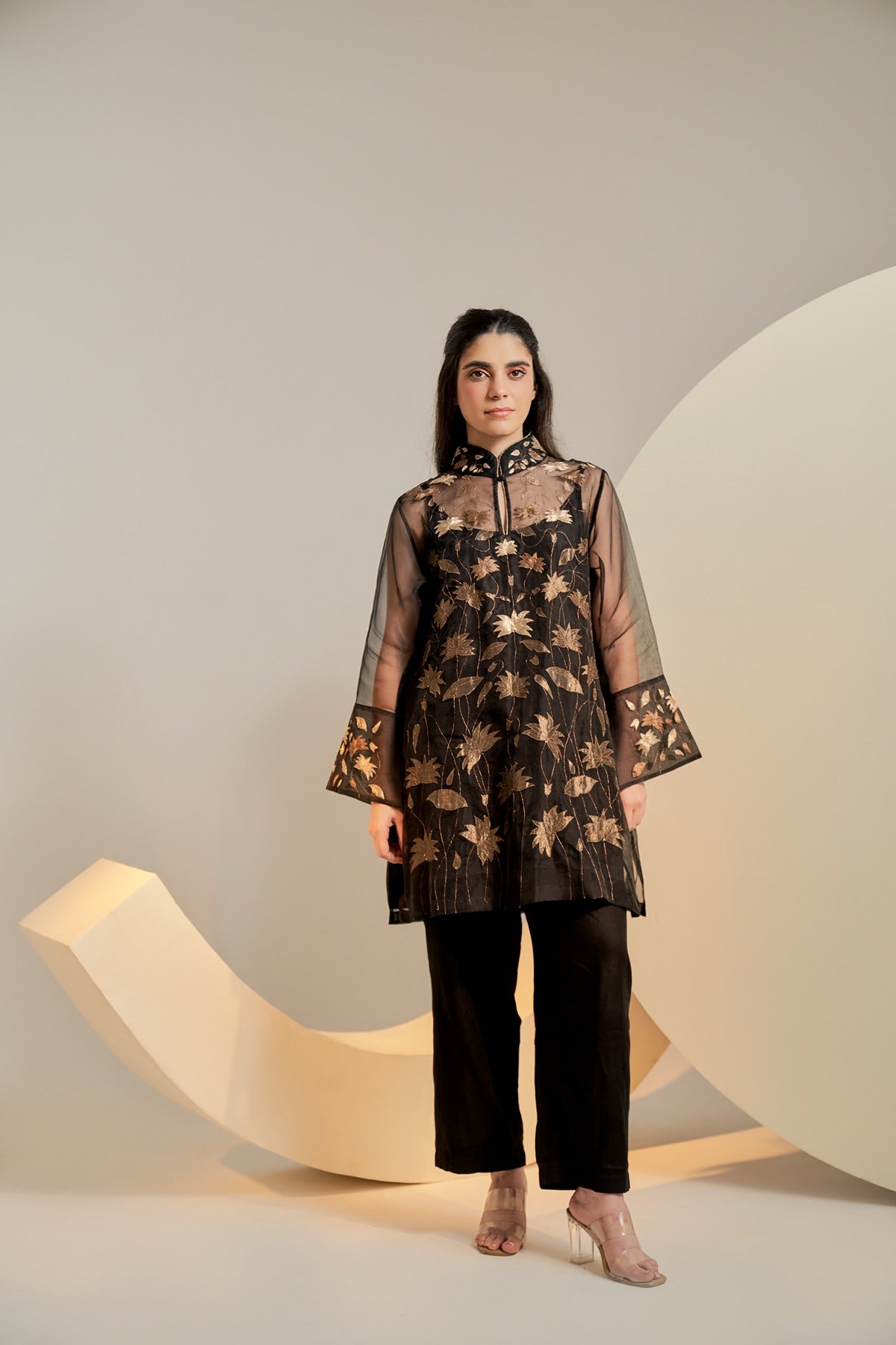 Black pure organza kurta with pure tissue applique embroidery