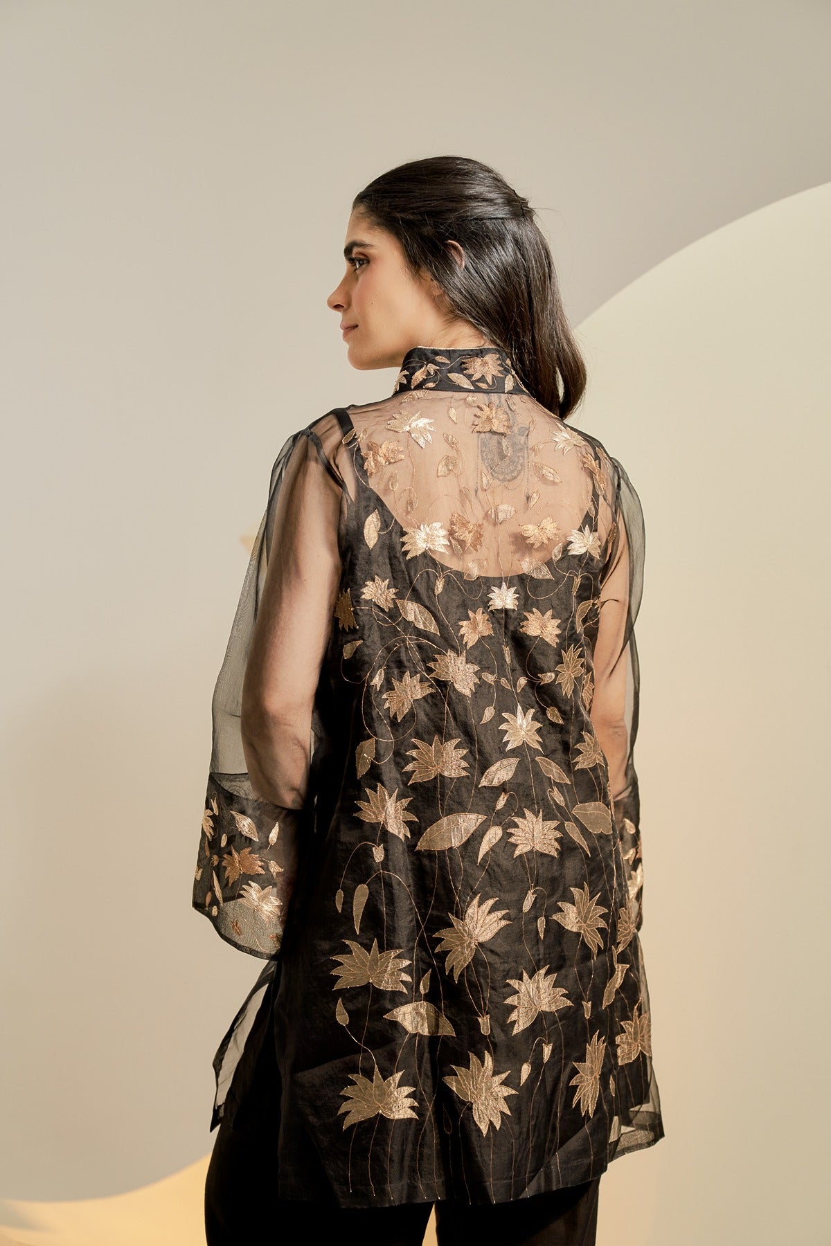 Black pure organza kurta with pure tissue applique embroidery