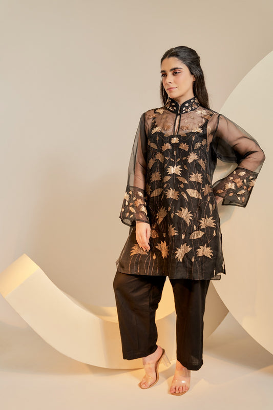 Black pure organza kurta with pure tissue applique embroidery