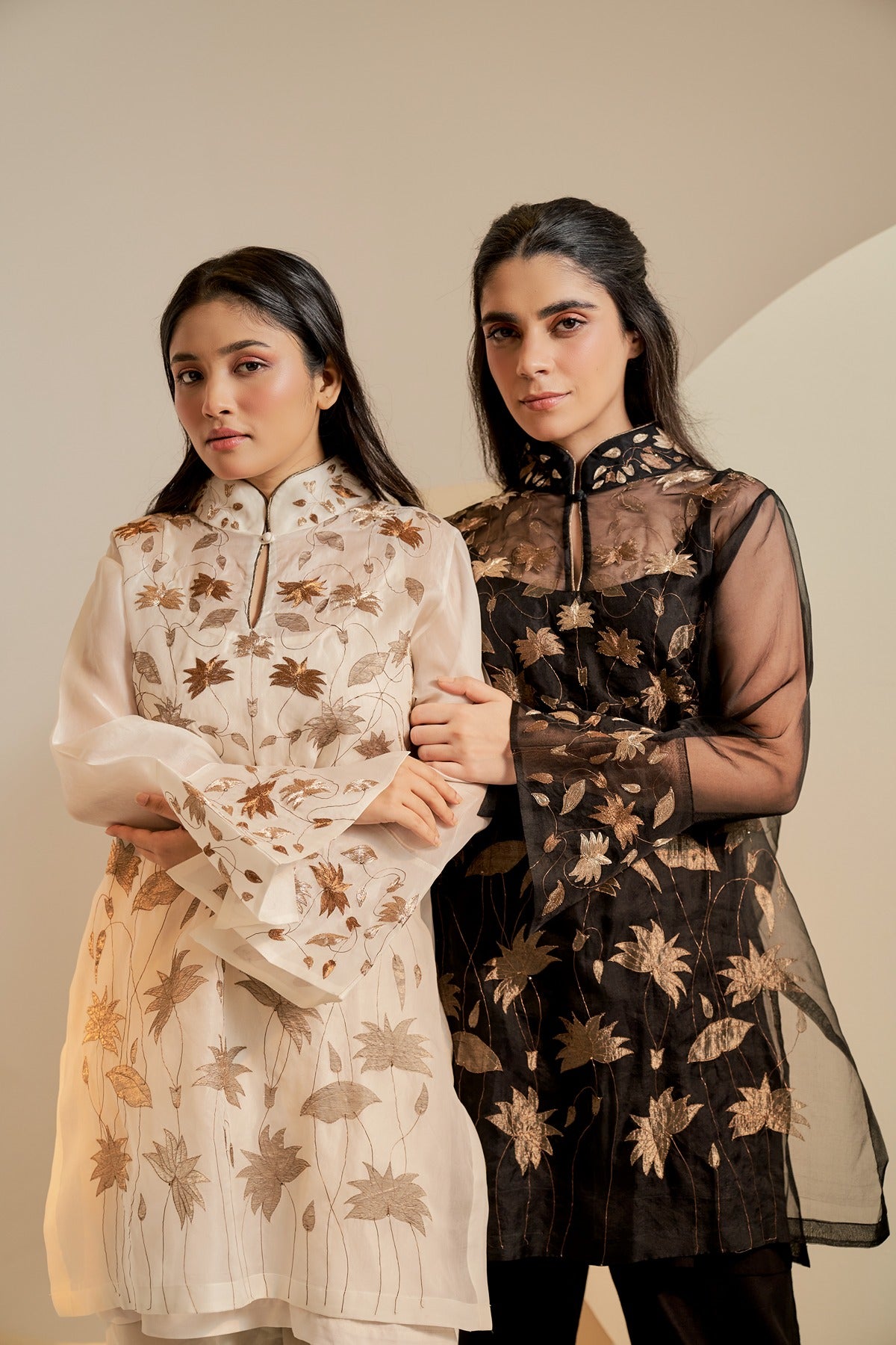 Black pure organza kurta with pure tissue applique embroidery