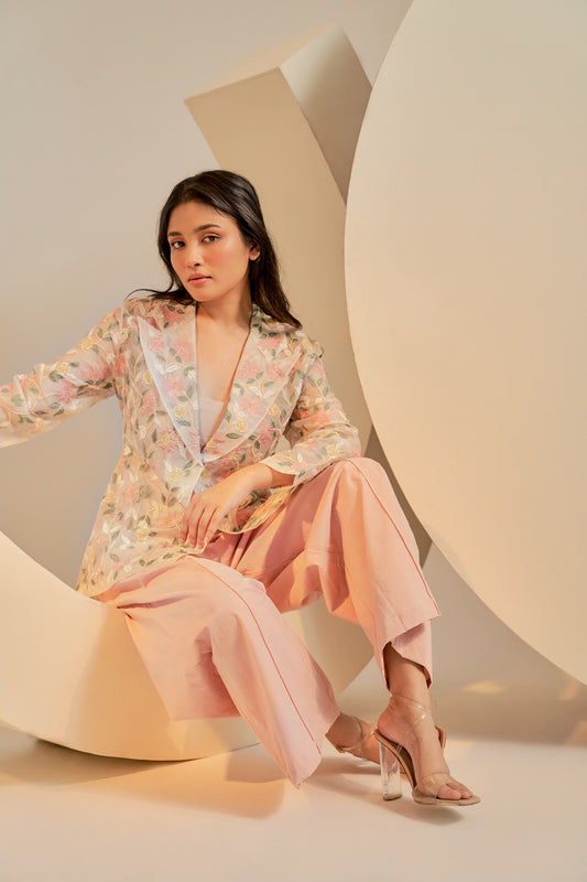 Colorful embroidery on pure organza blazer