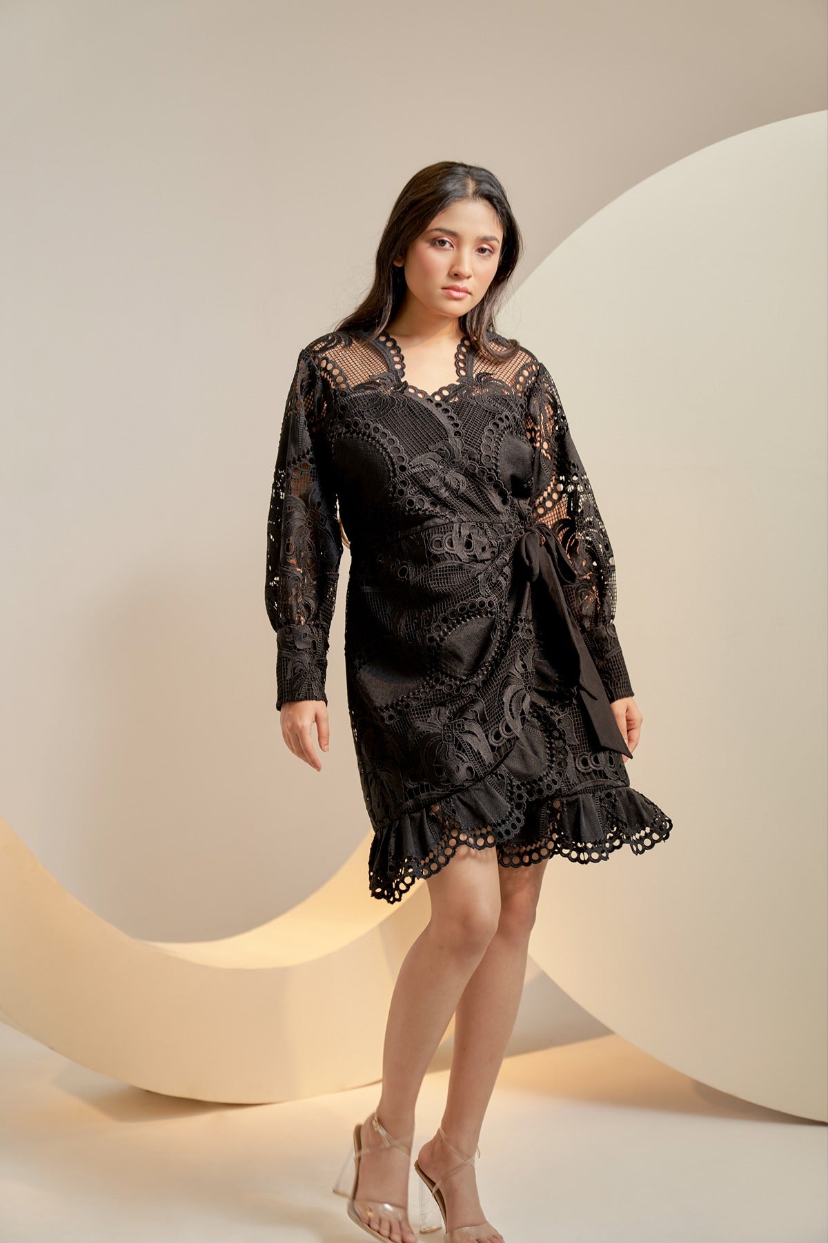 Black embroidered wrap mini dress