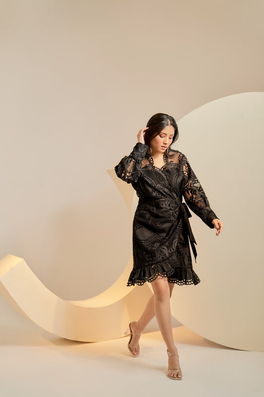 Black embroidered wrap mini dress