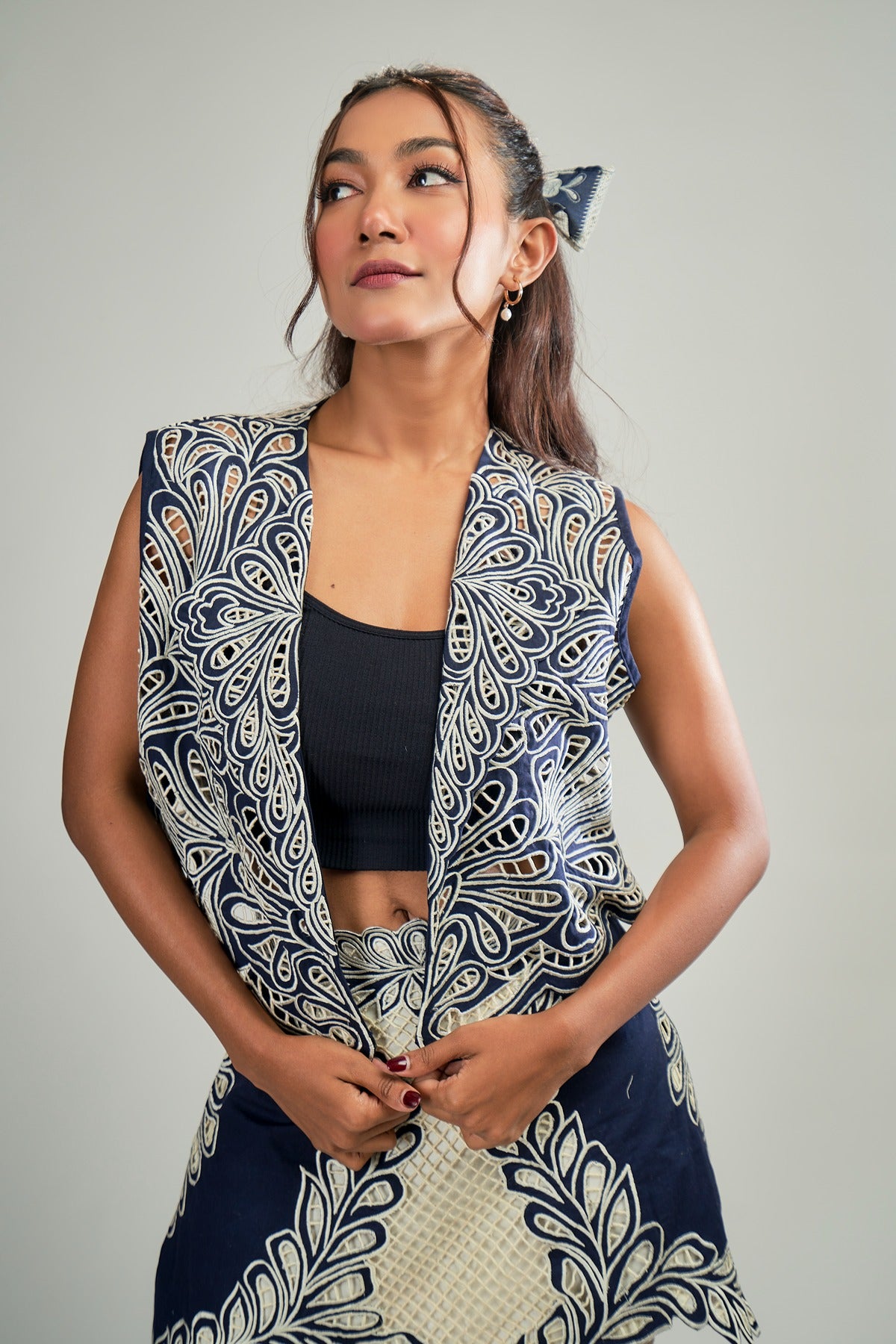 Hand Cutwork embroidered vest with Hand cutwork embroidered skirt in Blue