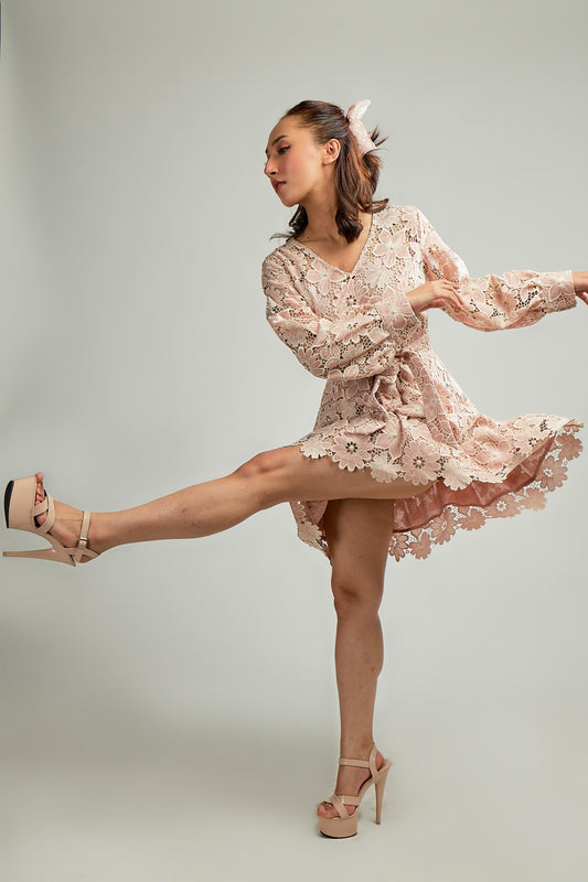 Pink Cutwork embroidery dress with pearl detailing