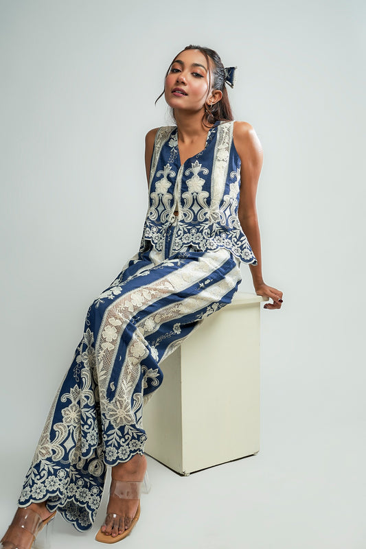 Navy Thread embroidery vest with inner with Navy thread embroidered trousers