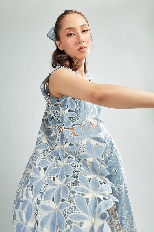 Pastel Blue cutwork embroidered jacket with pearl detailing and Inner