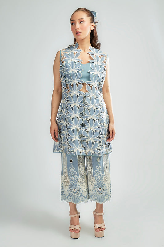 Pastel Blue cutwork embroidered jacket with pearl detailing and Inner and pastel blue thread embroidered pants