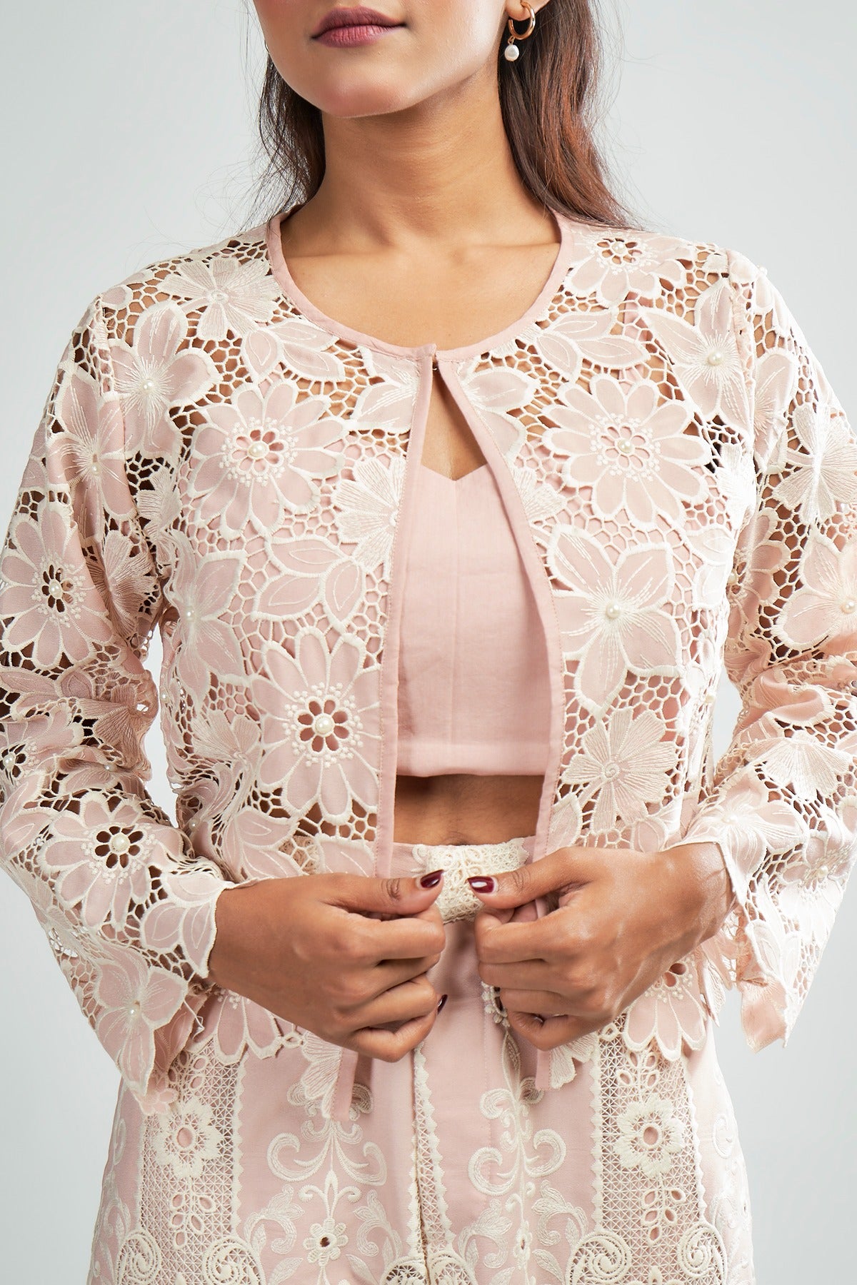 Pink Cutwork embroidery jacket with pearl detailing