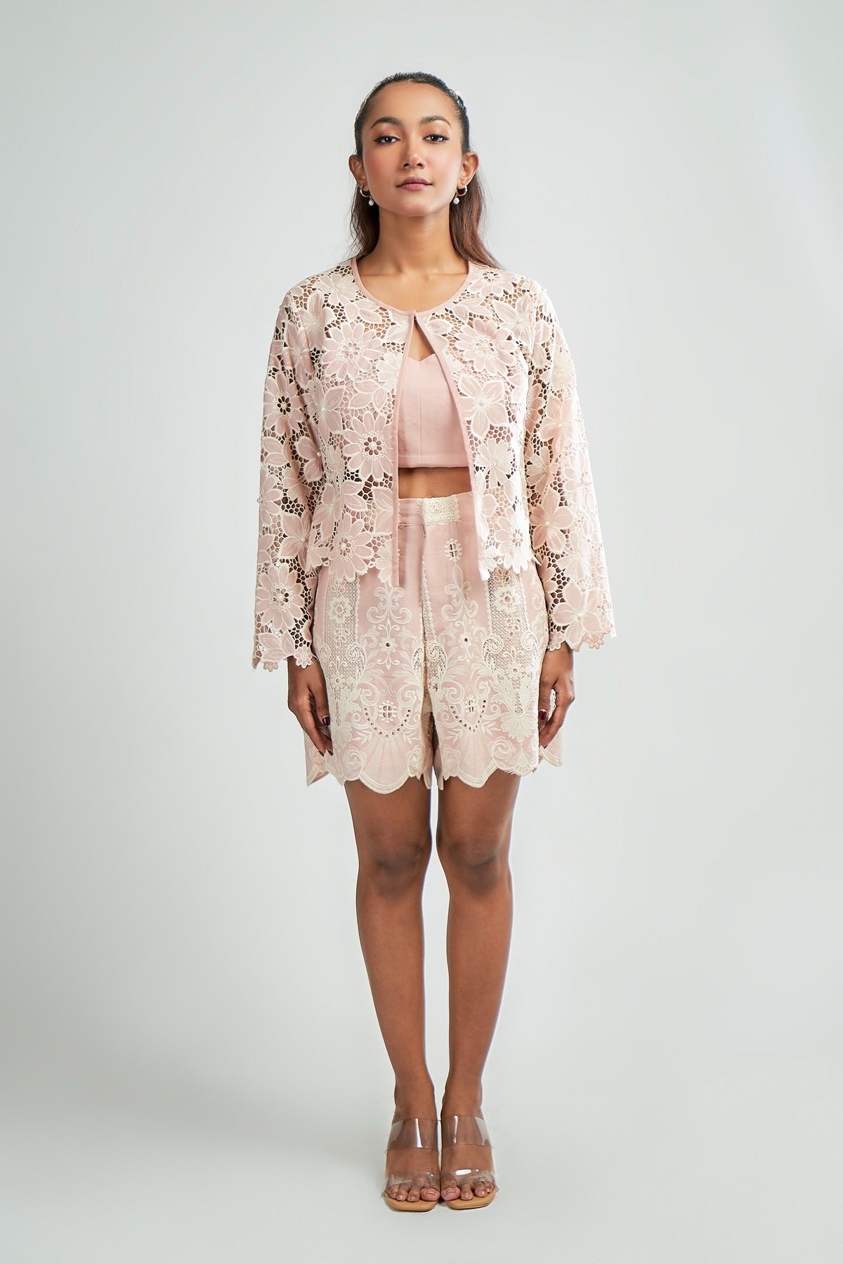 Pink Cutwork embroidery jacket with pearl detailing and pink thread embroidered shorts