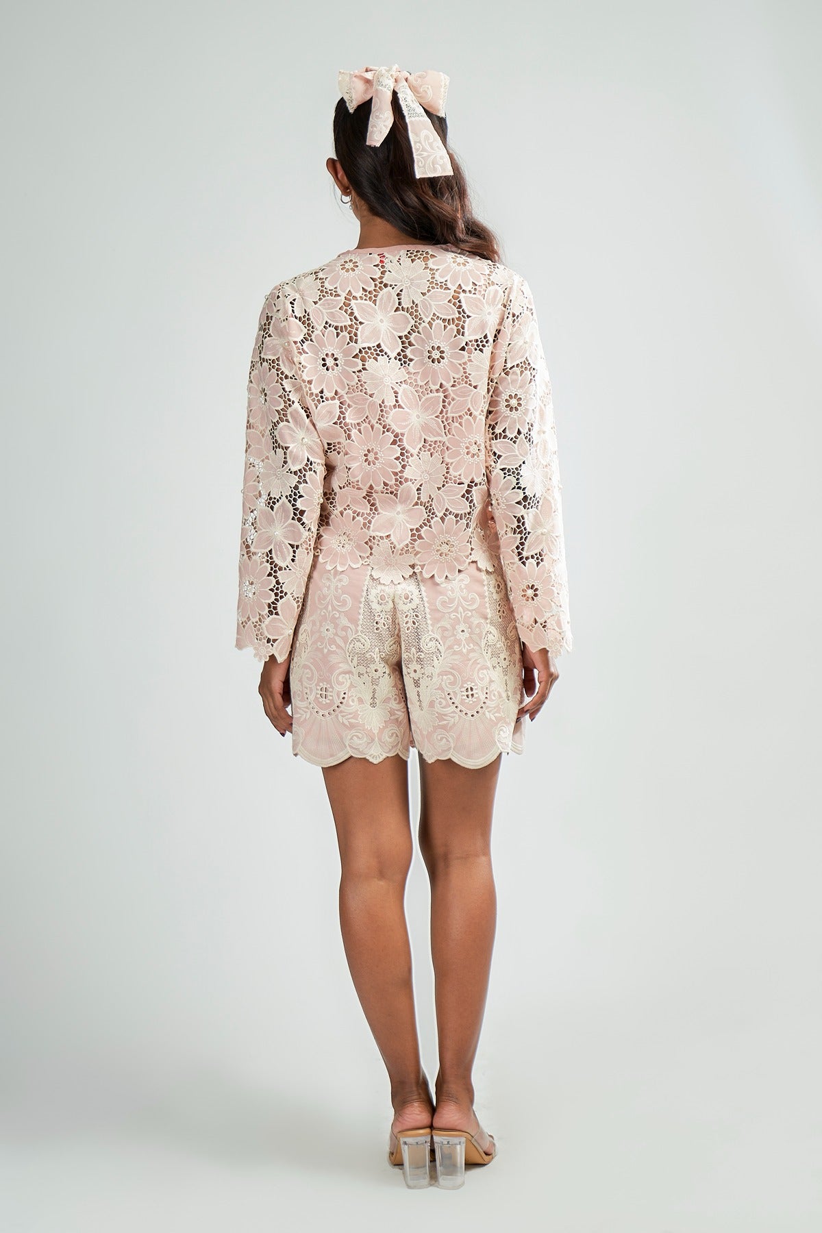Pink Cutwork embroidery jacket with pearl detailing