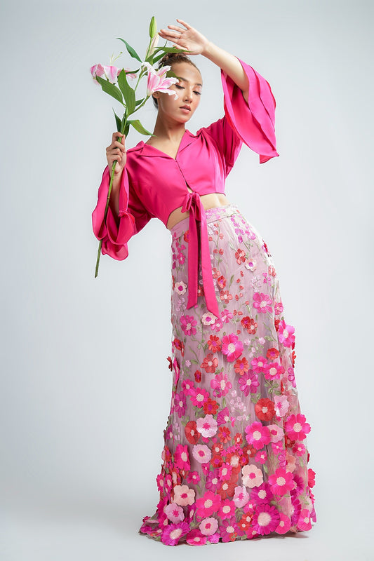 Pink Georgette Crop top with Bell Sleeves with 3d flower embroidered skirt on net