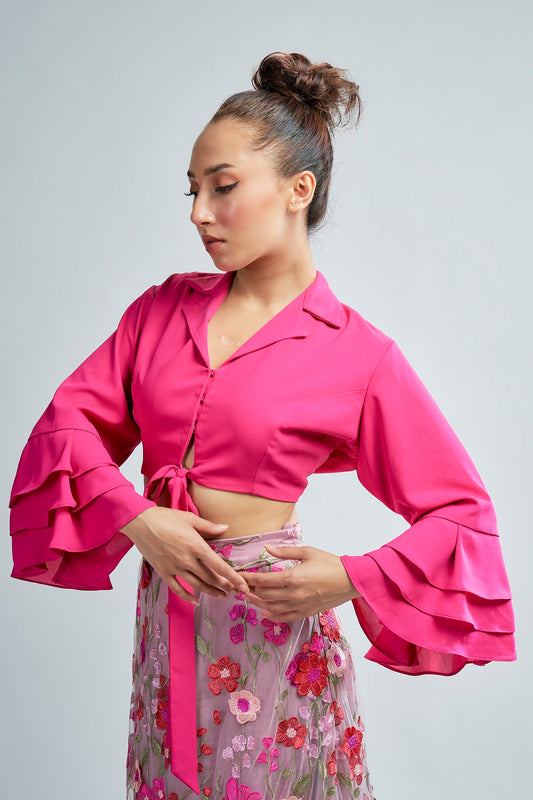 Pink Georgette Crop top with Bell Sleeves