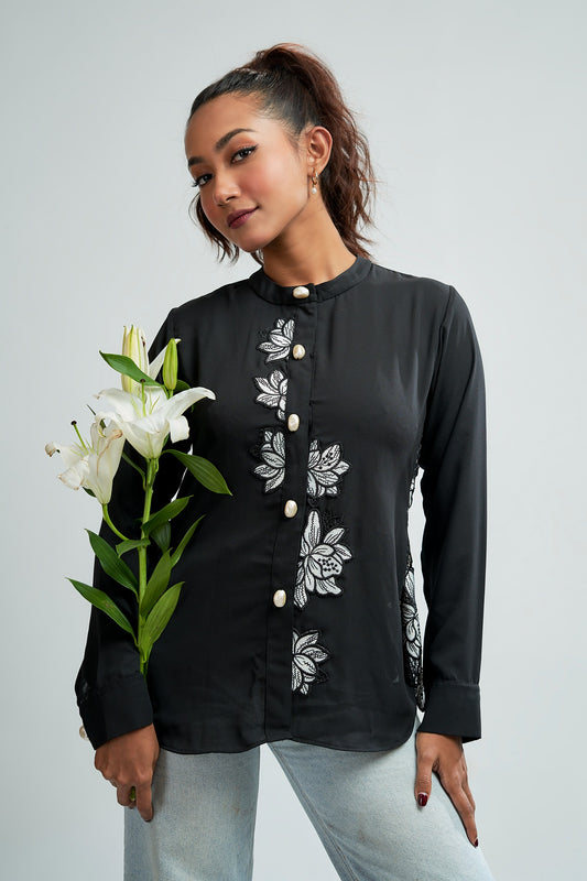 Black and White Floral detailing on black georgette