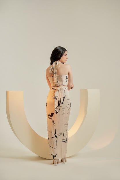 Off whiet and black print halter tie crop top