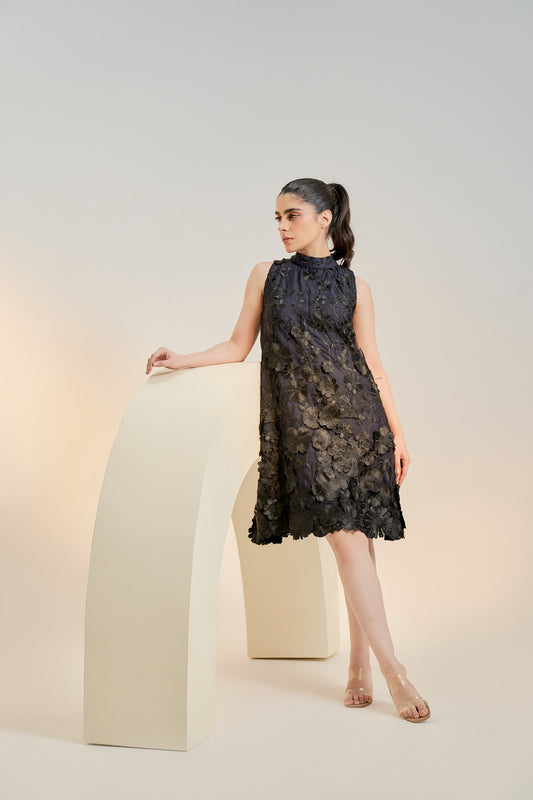 Black embroidered cocktail dress with tie detail
