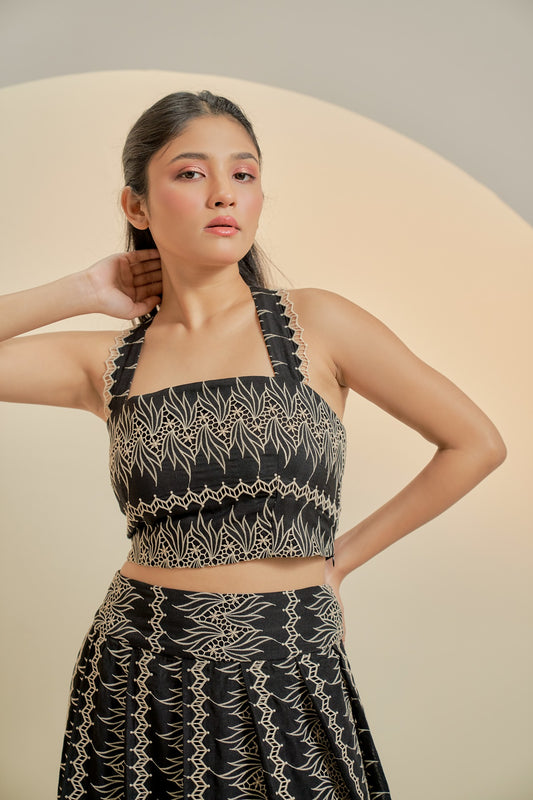 Black embroidered crop top
