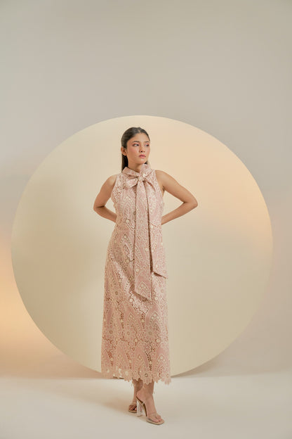 Pink midi straight dress with tie detail on neck