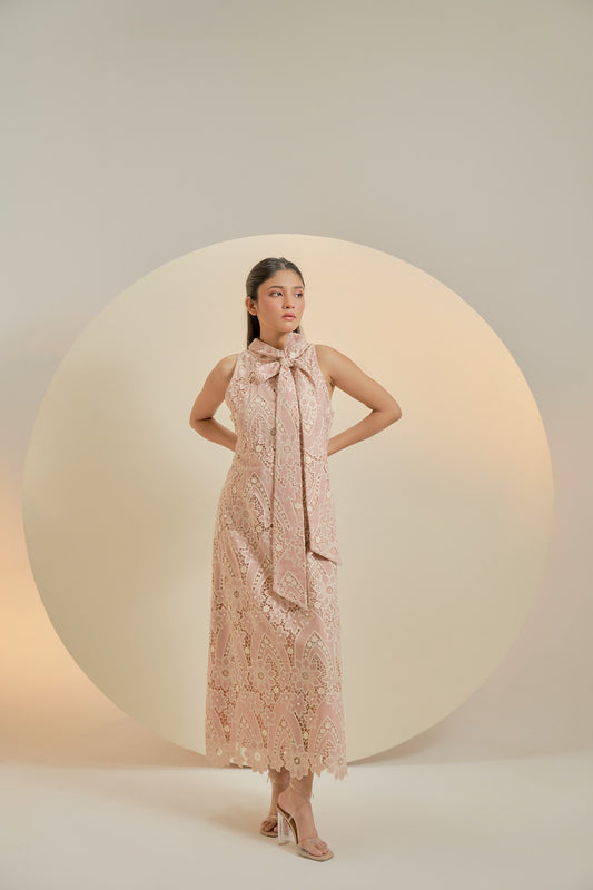 Pink midi straight dress with tie detail on neck
