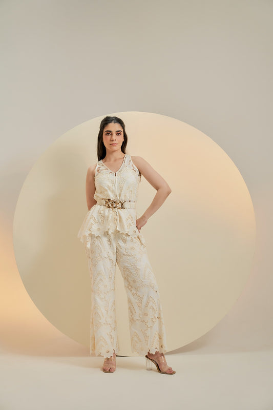 Off white embroidered top with belt