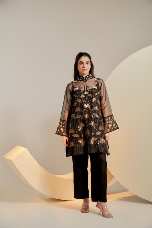 Black pure organza kurta with pure tissue applique embroidery