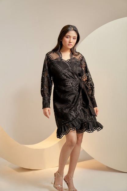 Black embroidered wrap mini dress