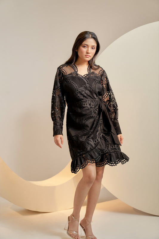 Black embroidered wrap mini dress