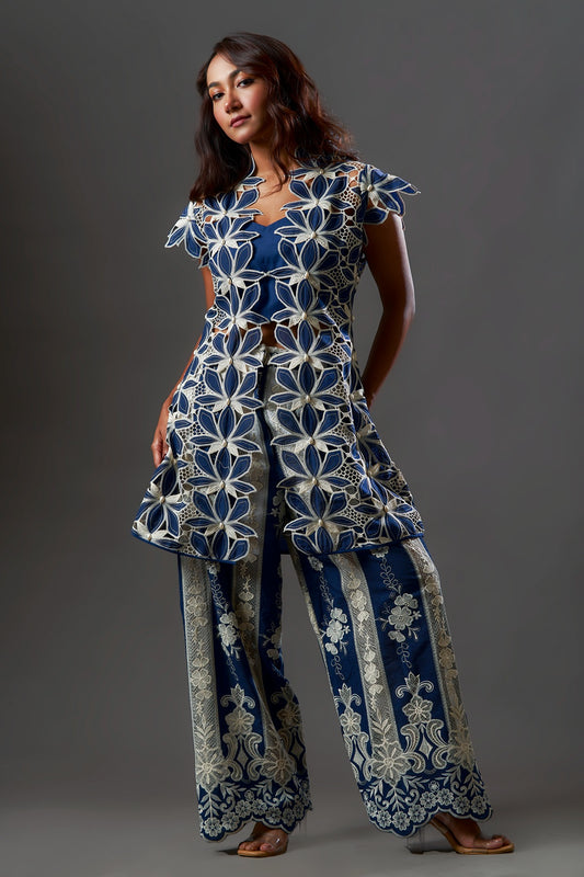 Navy Cutwork embroidery Jacket with cap sleeves and Inner