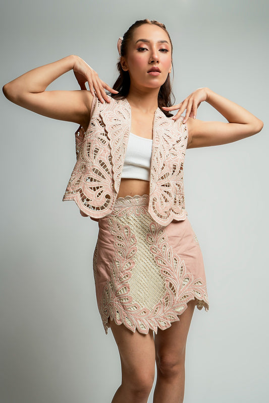 Hand Cutwork embroidered vest in Pink