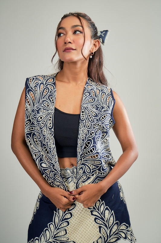 Hand Cutwork embroidered vest in Blue