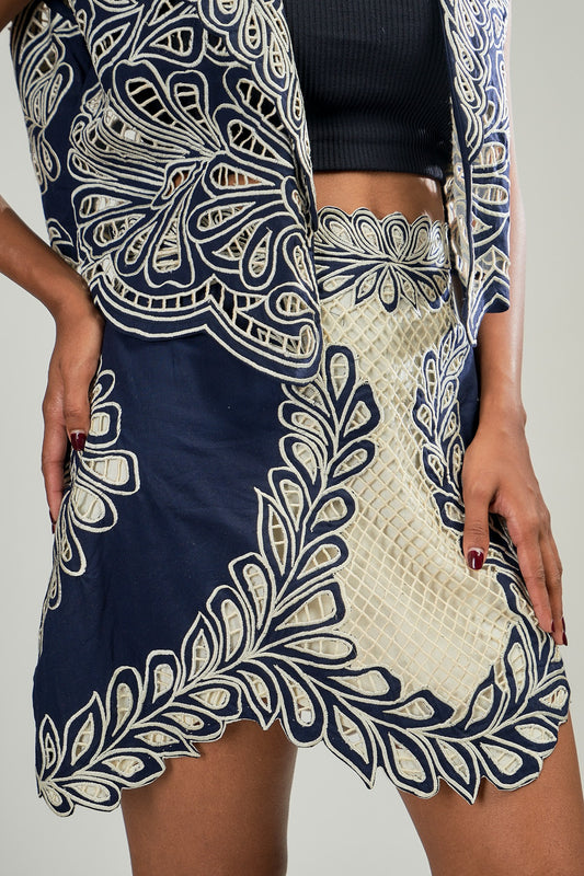 Hand Cutwork embroidered skirt in Blue