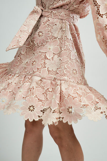 Pink Cutwork embroidery dress with pearl detailing