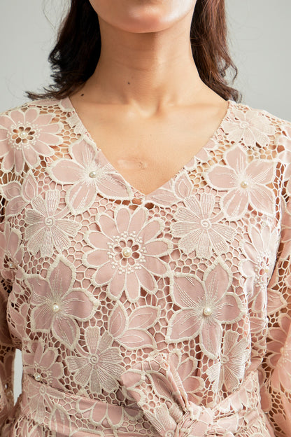 Pink Cutwork embroidery dress with pearl detailing