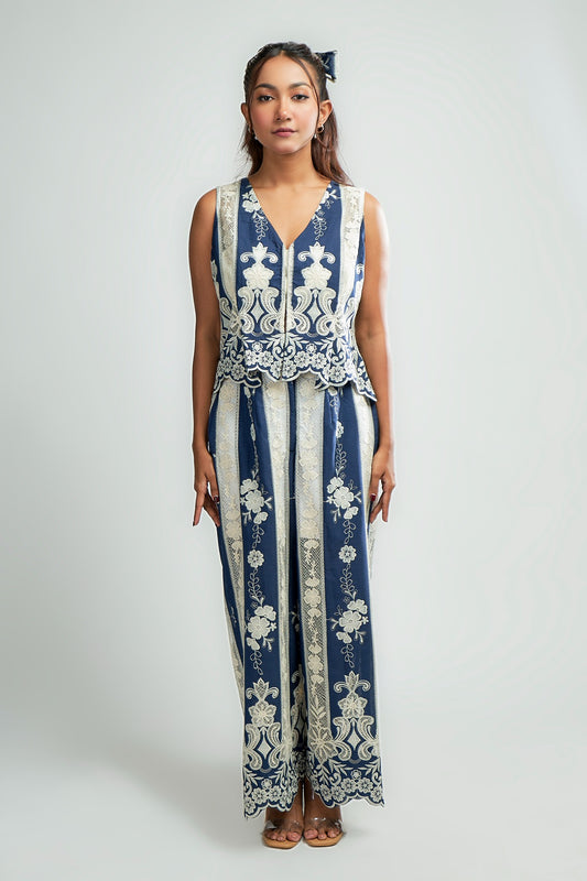 Navy Thread embroidery vest with inner with Navy thread embroidered trousers